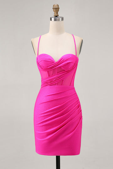 Fuchsia Corset Ruched Tight Short Homecoming Dress
